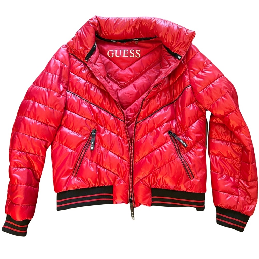 Guess Women’s Small Red Quilted Puffer Full-Zip Coat Zip Out Hood In Collar